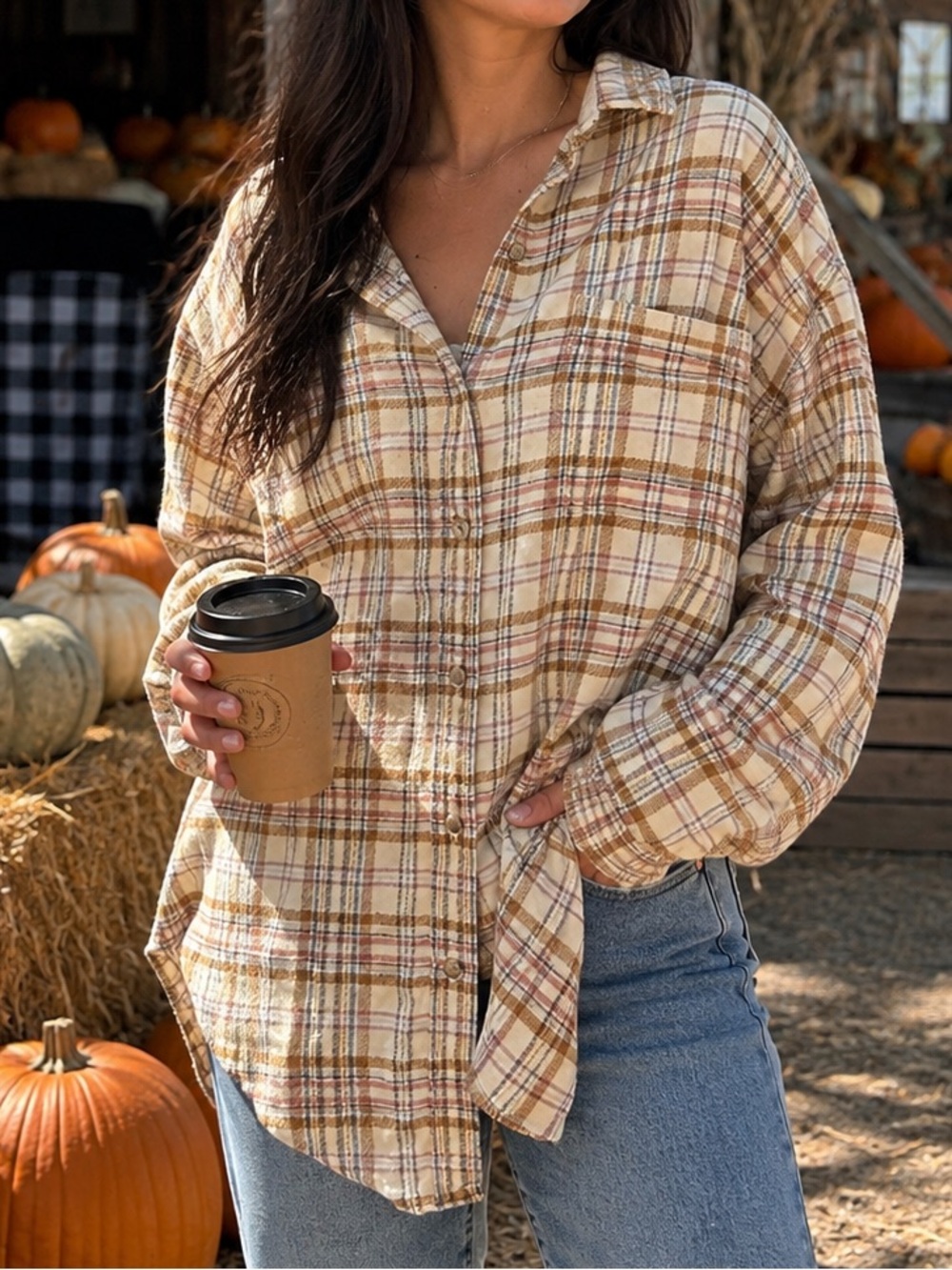 🍂AMERICAN EAGLE Plaid Button-Up Flannel Shirt - Cream & Brown - XXL